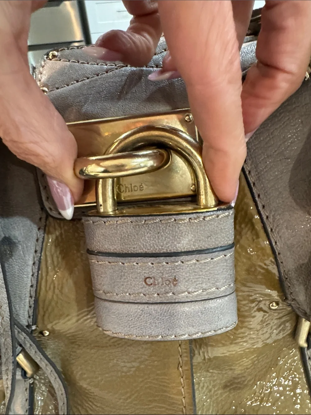 Chloe Olive and Taupe Patent Leather Satchel